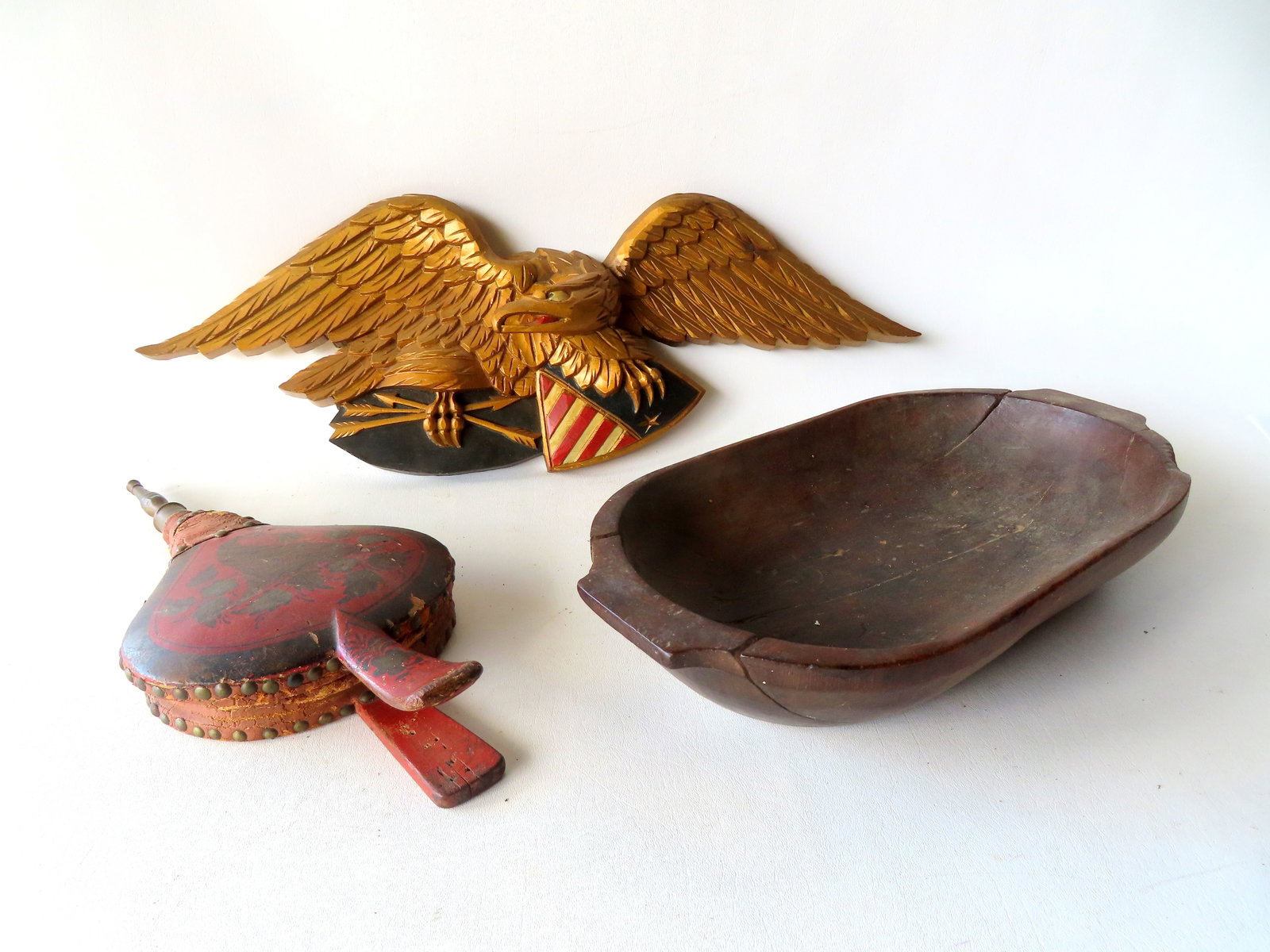 Grouping of country collectibles including: A composition hand painted spread wing eagle plaque - 25: Grouping of country collectibles including: A composition hand painted spread wing eagle plaque - 25 1/2" wing span - signed "The American Heritage Collection / Artek"; a bellows in original paint - t