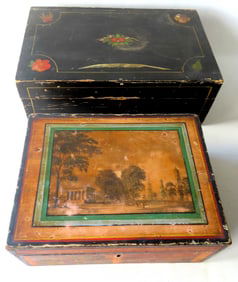 Two paint decorated writing boxes, both early 19th century. The first, with hand colored lithograph