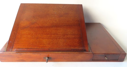 A black walnut lap desk with adjustable writing surface and single drawer - good condition, late