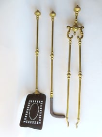 Three matching hand made brass and iron fireplace tools, including shovel with pierced blade, tongs