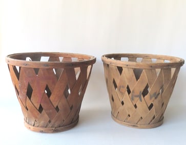 Two Shaker fruit baskets in woven diamond slatted pattern, one initialed "C H W" in black paint and