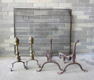 Grouping of 3 hearth related collectibles including: A locally important pair of hand forged iron