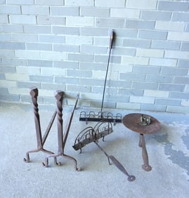 Grouping of early hand forged iron and brass hearth tools, 18th and 19th century, including: