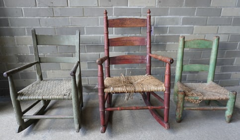 Three primitive child's chair/rockers, all in grungy old paint, 18th/19th century. All with use wear