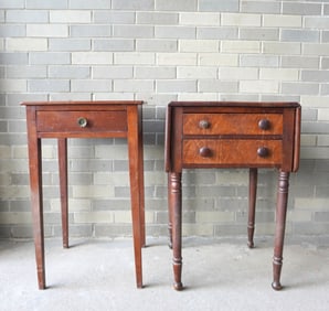Two early work tables. The first, a Sheraton cherry 2 drawer drop leaf sewing stand with 2 birdseye