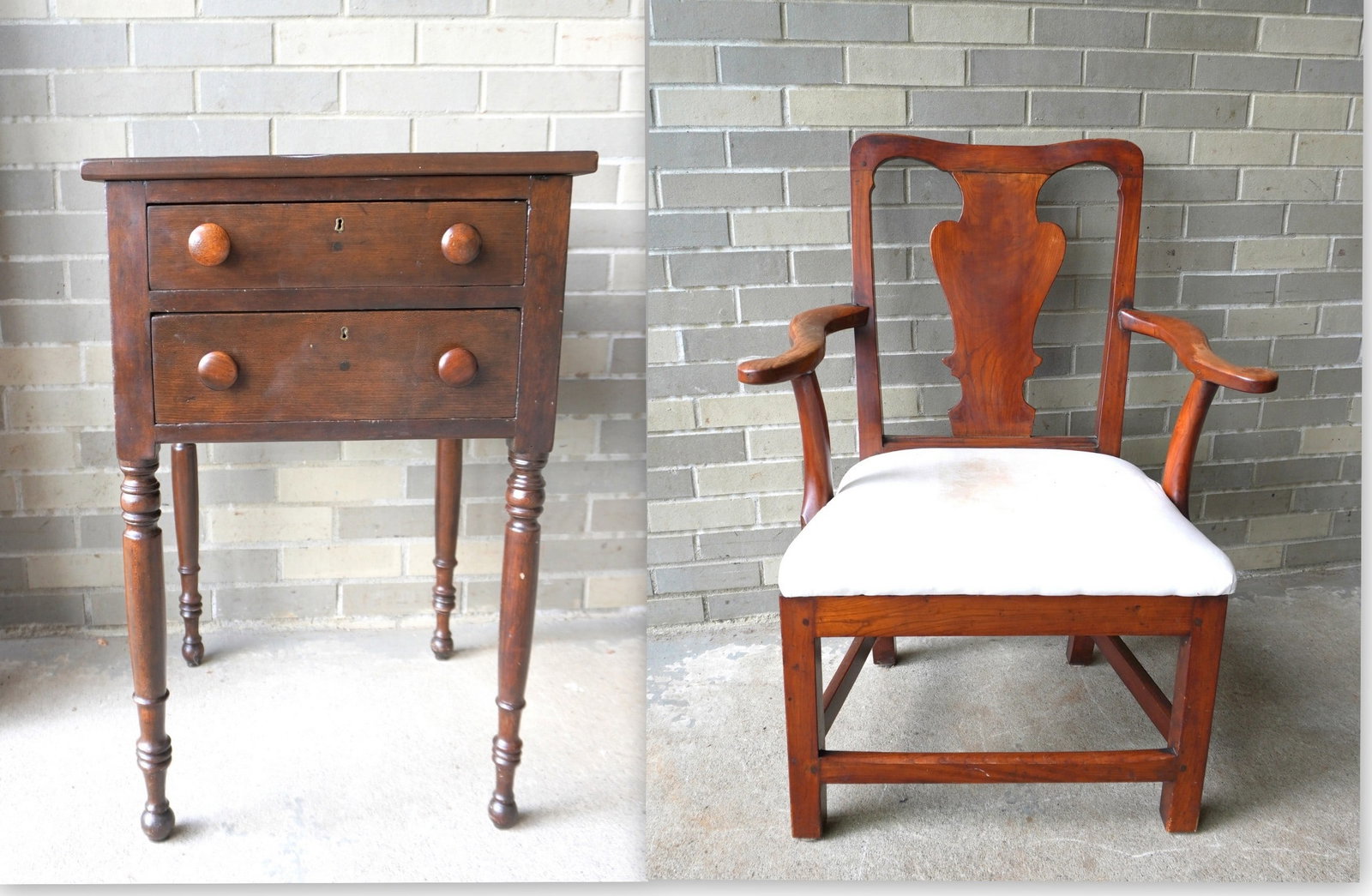 An early cherry Chippendale transitional arm chair and a Sheraton 2 drawer cherry work table. The: An early cherry Chippendale transitional arm chair and a Sheraton 2 drawer cherry work table. The stand with 2 drawers and turned legs, circa 1820-30 has some stains on the back apron, otherwise very 