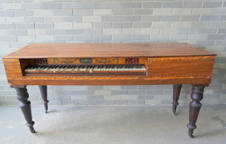 A Sheraton piano forte, probably by M. Clementi, London - partial legible signature on front panel