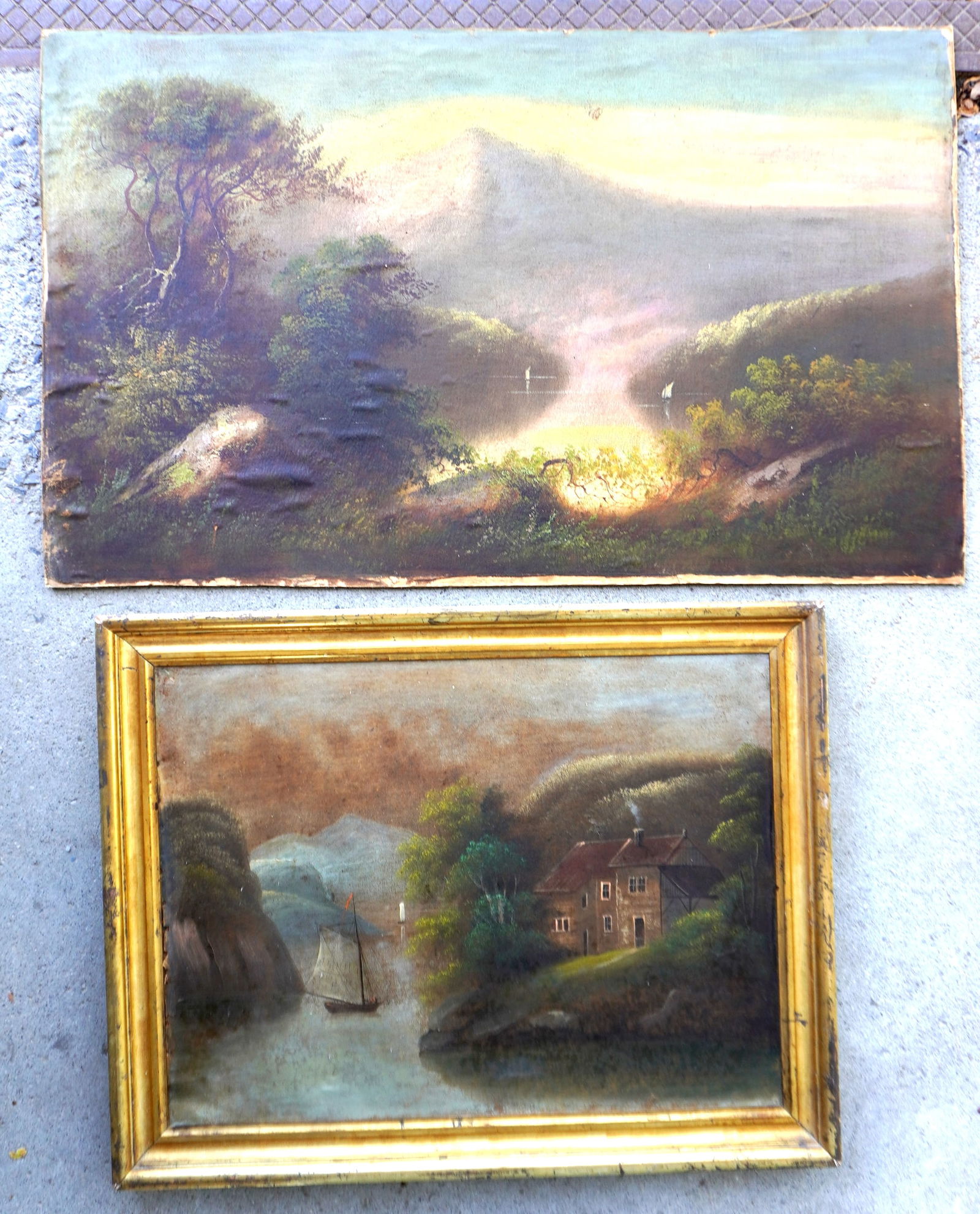 Two Hudson River school paintings, 19th century. The first housed in it's original lemon gold frame,: Two Hudson River school paintings, 19th century. The first housed in it's original lemon gold frame, depicting a house overlooking the Hudson River with sailboats - the painting loose off the stretche
