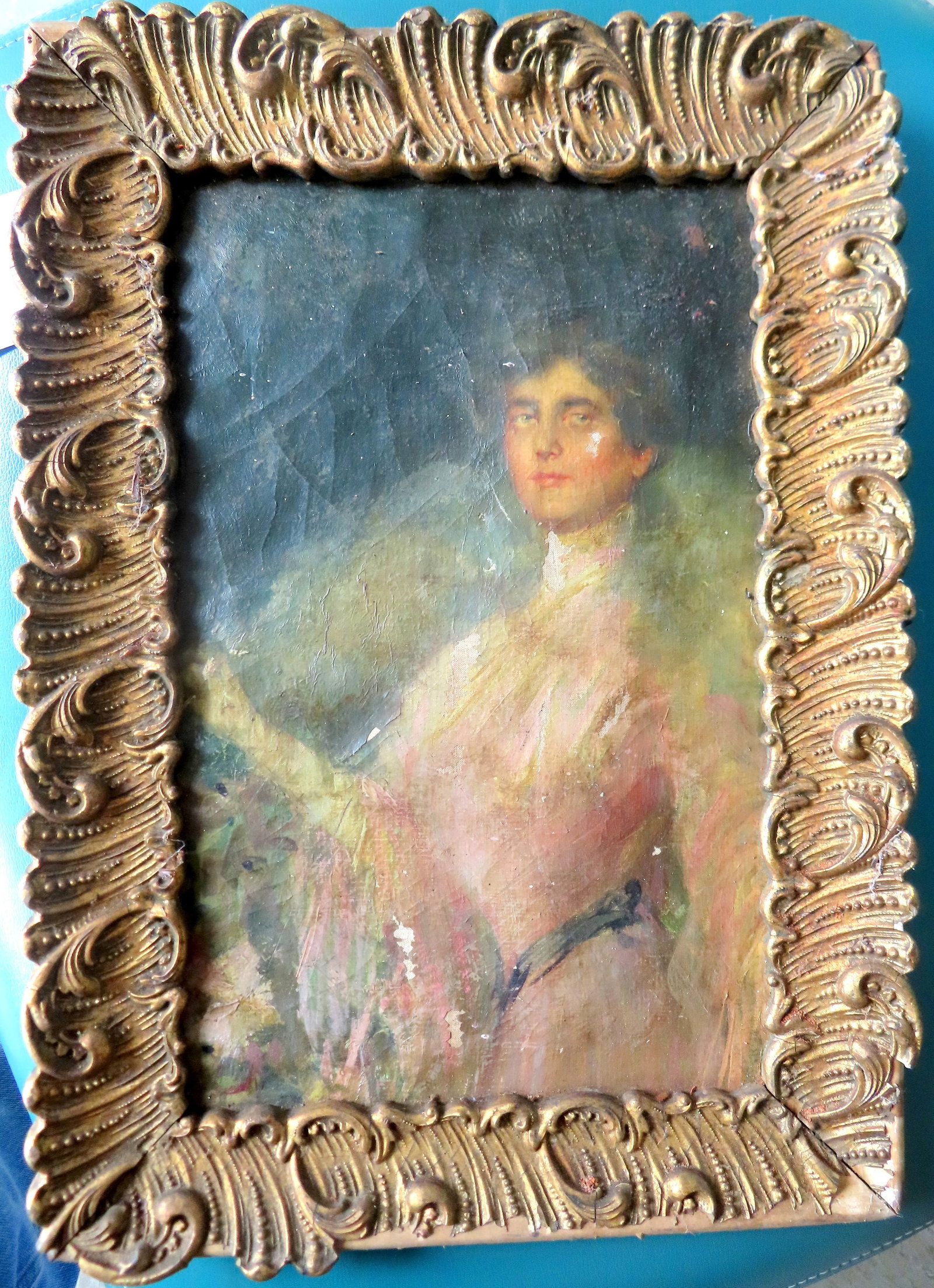 O/C of Edwardian lady, 19th century, housed in a fancy gilt gesso frame of the same period. The: O/C of Edwardian lady, 19th century, housed in a fancy gilt gesso frame of the same period. The painting off stretch and attached to artist board. Attic found - dirty and needs cleaning - minor paint 