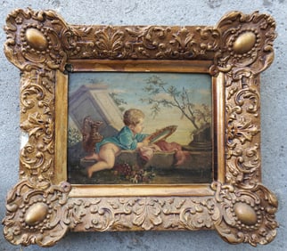 O/B Classical scene with crawling child looking at himself in mirror in crumbled building outdoor