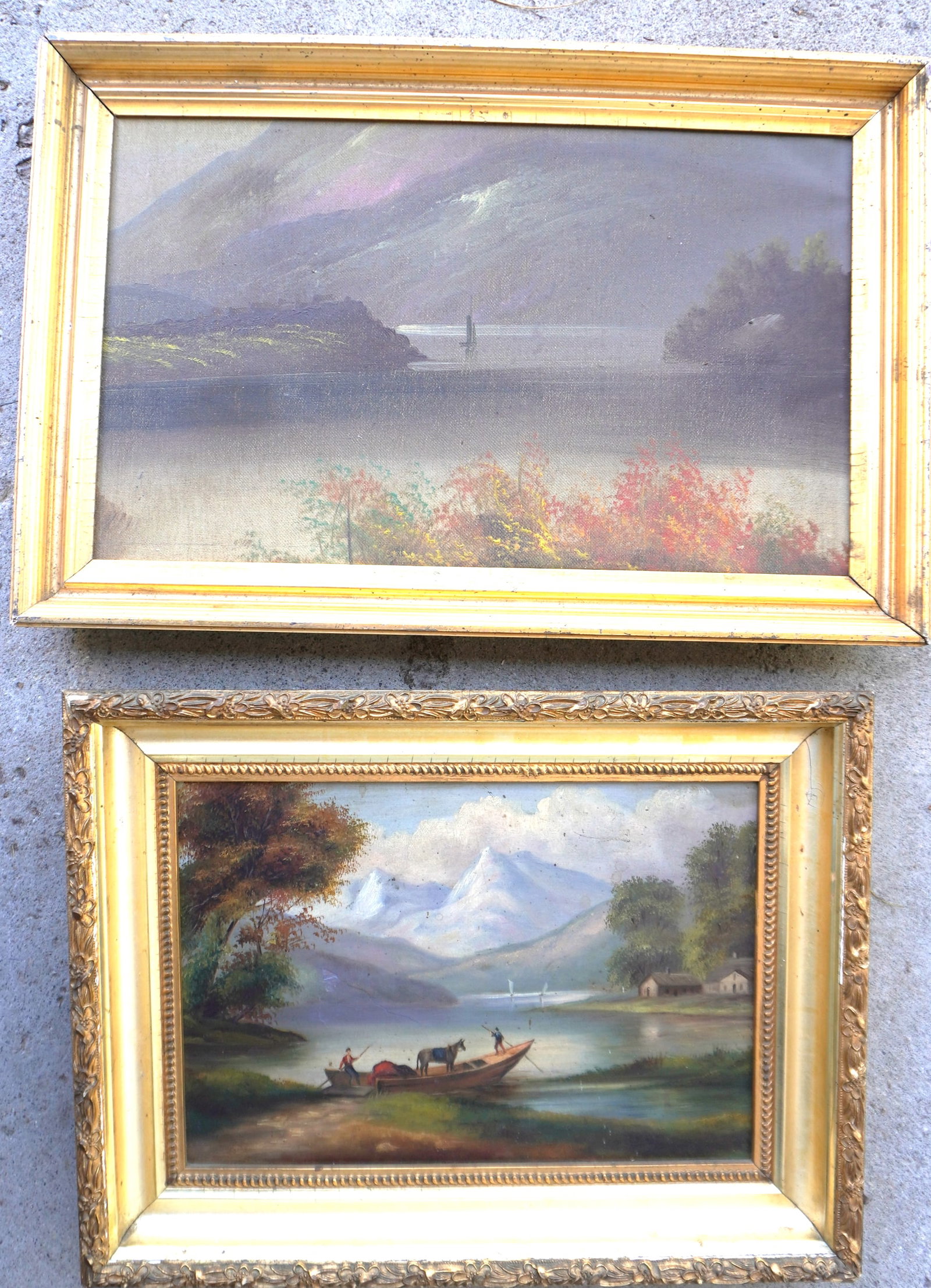 Two Hudson Valley primitive paintings. The FIRST, a presentation (gift) O/B Country landscape: Two Hudson Valley primitive paintings. The FIRST, a presentation (gift) O/B Country landscape depicting 2 men in boat (primitive ferry) on shore ready to unload merchandise including a standing horse 