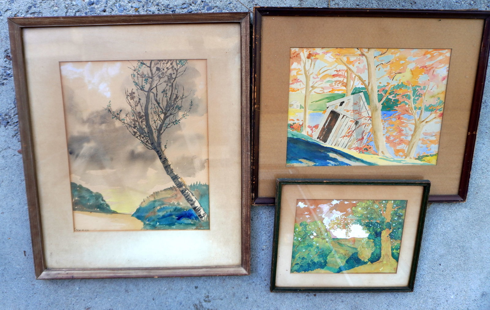 Three W/C landscapes, 2 signed Nadal and 1 a presentation watercolor-gouache from Rhinebeck NY: Three W/C landscapes, 2 signed Nadal and 1 a presentation watercolor-gouache from Rhinebeck NY signed Fred Nadal, early 20th century. The largest measures 26 1/2" x 22 1/2". Note the smaller of the 3 