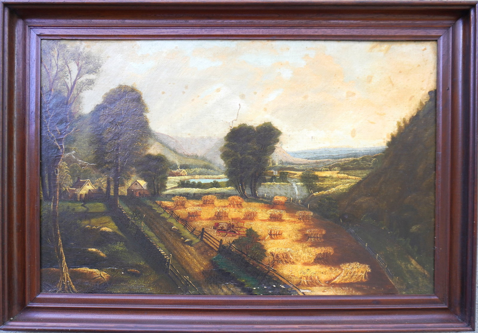A large O/C Farm with rural fenced line road leading to farmhouse and barn - machinery in pasture: A large O/C Farm with rural fenced line road leading to farmhouse and barn - machinery in pasture with hay bales - ponds with figures, buildings and rolling hills in background. Housed in a very fine 