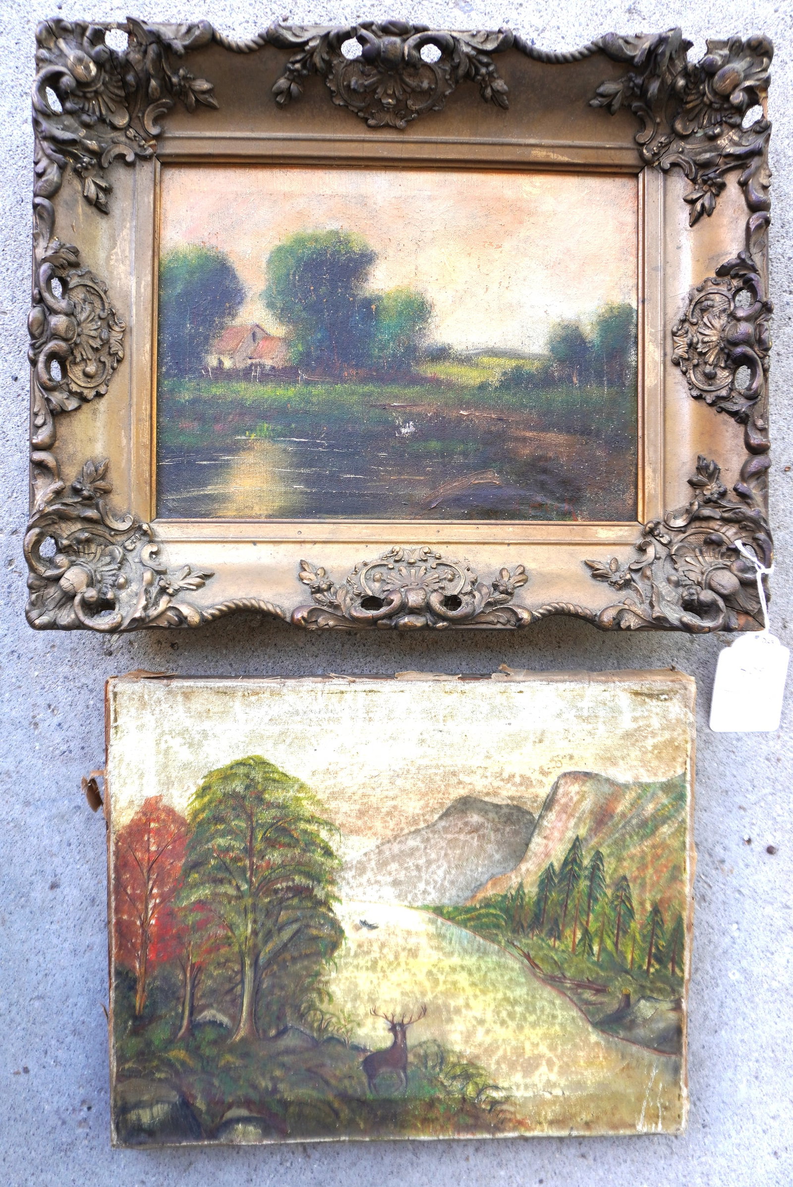 Two primitive 19th century paintings: The first, Hudson River school with buck deer standing on: Two primitive 19th century paintings: The first, Hudson River school with buck deer standing on ridge overlooking river with rowboat - good condition but needs cleaning - not framed and measures 13 3/