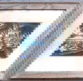 A tropical W/C depicting a docked fishing boat in ocean inlet, under palm trees, with men working in