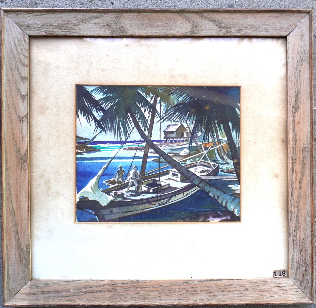 A tropical W/C depicting a docked fishing boat in ocean inlet, under palm trees, with men working in: A tropical W/C depicting a docked fishing boat in ocean inlet, under palm trees, with men working in boats. Salmagundi Club paper label attached to reverse identifying artist as "Ferdinand M. Nadal" a