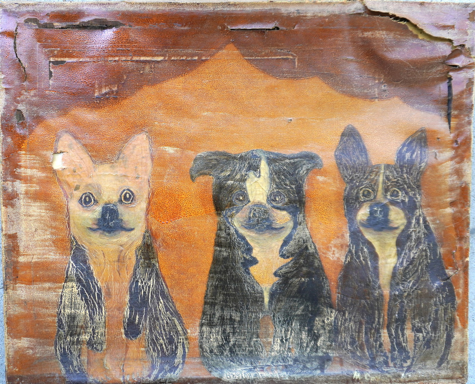 A primitive and charming folk art O/C portrait of 3 seated Boston Terrier dogs, 2 appear to be: A primitive and charming folk art O/C portrait of 3 seated Boston Terrier dogs, 2 appear to be puppies. Signed along the base "Boston Terriers / M. Cxxx (illegible) / Oct. 1938". Note the draped stage