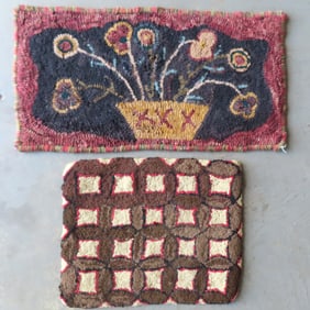 Two small hooked rugs, the one with flowers in a flower pot has paper label on reverse that reads