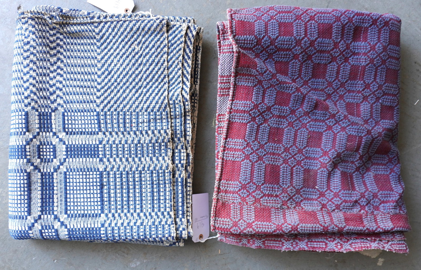 Two coverlets, both early 19th century and in geometric pattern. The first in blue and white, 2: Two coverlets, both early 19th century and in geometric pattern. The first in blue and white, 2 piece, very good condition; and the second, an unusual 4 section in red and blue colors - one side with 