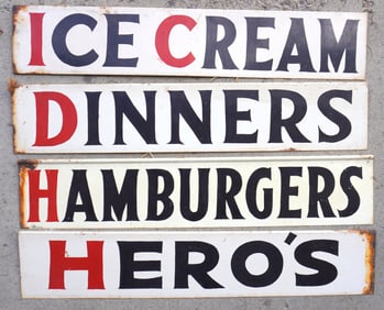 Grouping of 4 matching sheet metal country store restaurant signs in black and red on white ground,
