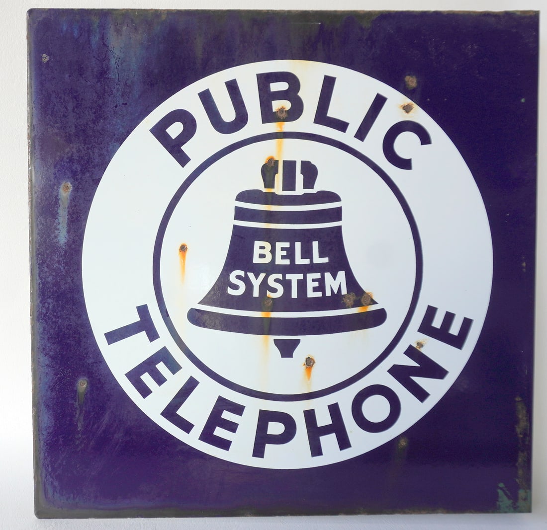 Porcelain sign "PUBLIC TELEPHONE / BELL SYSTEM" - sheet iron, double sided, dark blue and white -: Porcelain sign "PUBLIC TELEPHONE / BELL SYSTEM" - sheet iron, double sided, dark blue and white - hangs by side flange and measures 18" x 18" x 2" depth at flange/hanger. Very good condition. Provenan