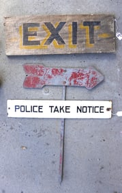 Three various signs including: A hand painted O/C "EXIT" sign with wooden frame, late 19th century -