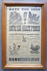 A framed lithograph paper broadside marked "SMITH'S EGG & HEALTH PRODUCER" decorated with roosters