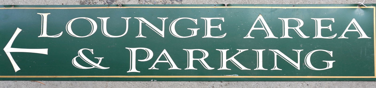 An aluminum sign marked "LOUNGE AREA & PARKING", circa 1970. Measures 60" x 12". Good condition.: An aluminum sign marked "LOUNGE AREA & PARKING", circa 1970. Measures 60" x 12". Good condition. Provenance: From the Marni Bakst and William Sadler collection of antiques, Verbank NY.