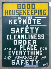 A "Good Housekeeping" tin sign in original yellow, white and dark green paint. Small loss along the