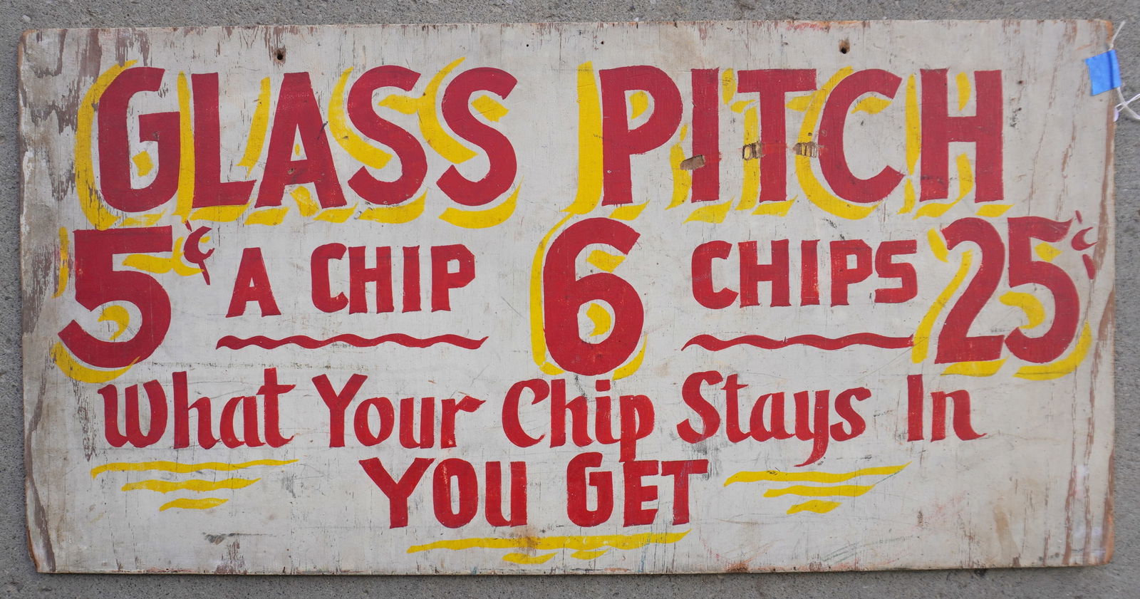 A 5 cent carnival sign marked "GLASS PITCH……" - red and yellow shadow lettering on white ground: A 5 cent carnival sign marked "GLASS PITCH……" - red and yellow shadow lettering on white ground - use wear, but overall good condition. Circa 1950's. Measures 28" x 14". Provenance: From a private