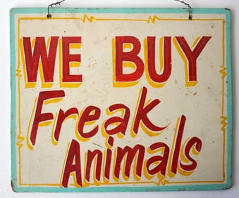 An usual masonite double sided hand painted carnival sign in red and yellow shadow lettering on