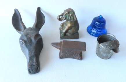 Grouping of 5 small advertising collectibles, includes: A Democrat cast iron donkey boot jack, given
