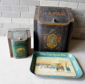 Three advertising articles including a tin "Japan" tea box - this is the largest in this lot