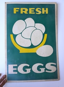 A colorful vintage "FRESH EGGS" cardboard sign, circa 1950-60, signed G.P.G. Co., Cincinnati Ohio. -