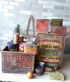 A large grouping of advertising tins and boxes, most early to mid 20th century, some local. Includes