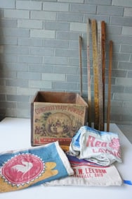 A grouping of mostly advertising articles including: Shipping box with original colorful lithograph