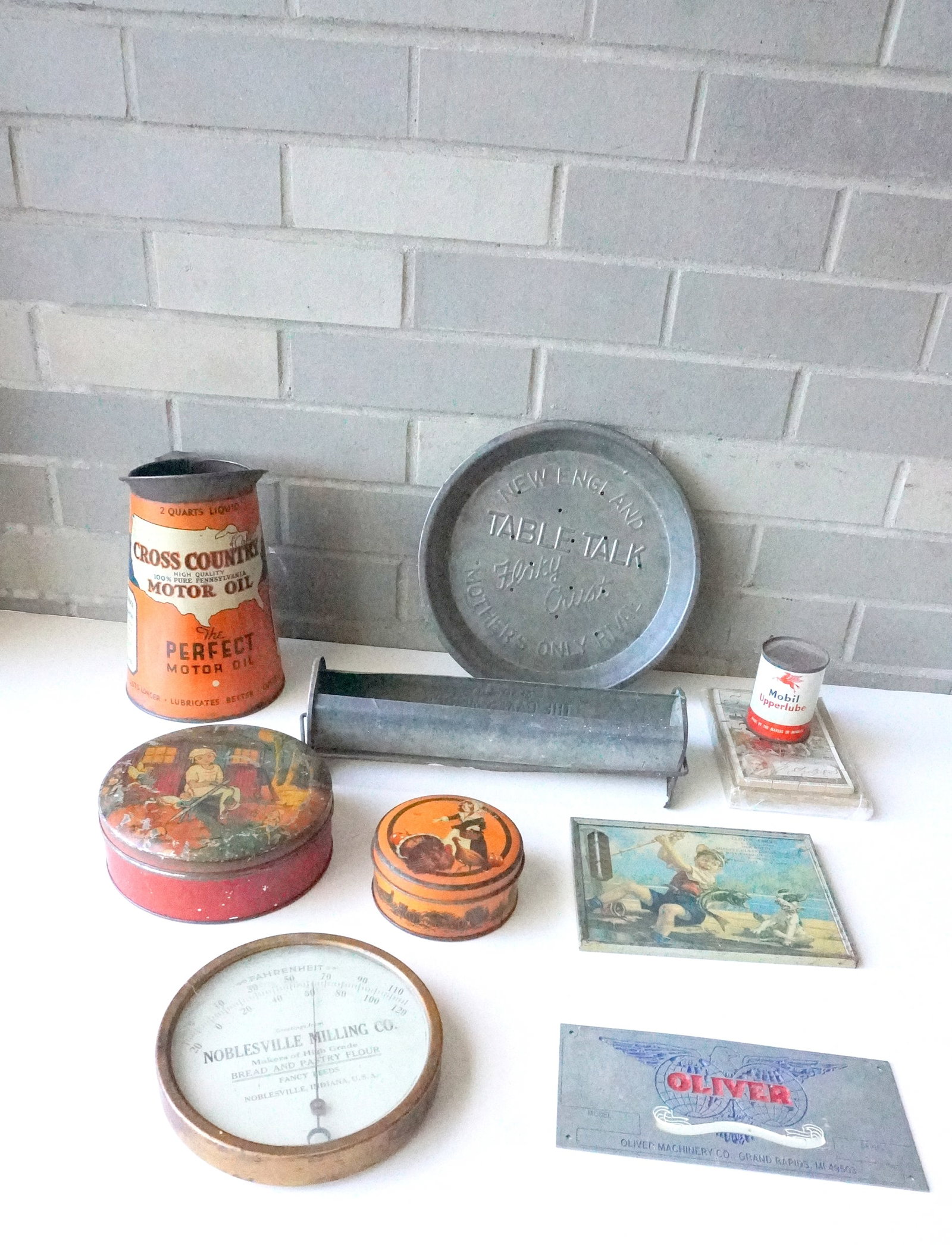 Grouping of vintage advertising tins, farm related collectibles, and signs, including: Oil: Grouping of vintage advertising tins, farm related collectibles, and signs, including: Oil dispensing pitcher marked "Cross Country Motor Oil" - this is the largest measuring 8 1/4"H x 6 1/2"W - very 
