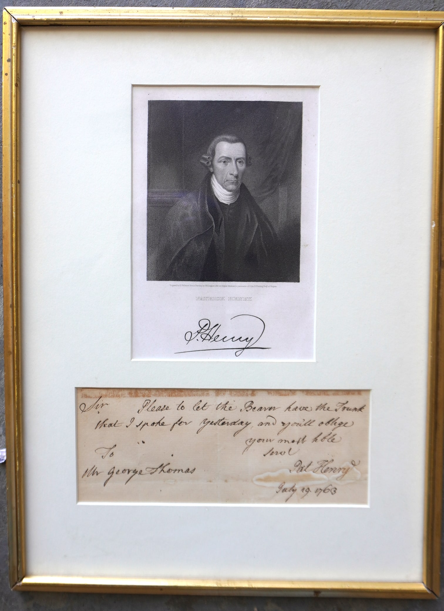 A signed letter by Patrick Henry with authenticity document/receipt attached on reverse: A signed letter by Patrick Henry with authenticity document/receipt attached on reverse by "Goodspeed's Book Shop Inc." dated May 24, 1965. The letter, written in pen and ink, is addressed to "Mr. Geo