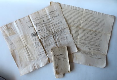 Three early documents/leger: A Pennsylvania 1787 military promotion document for James McFarland