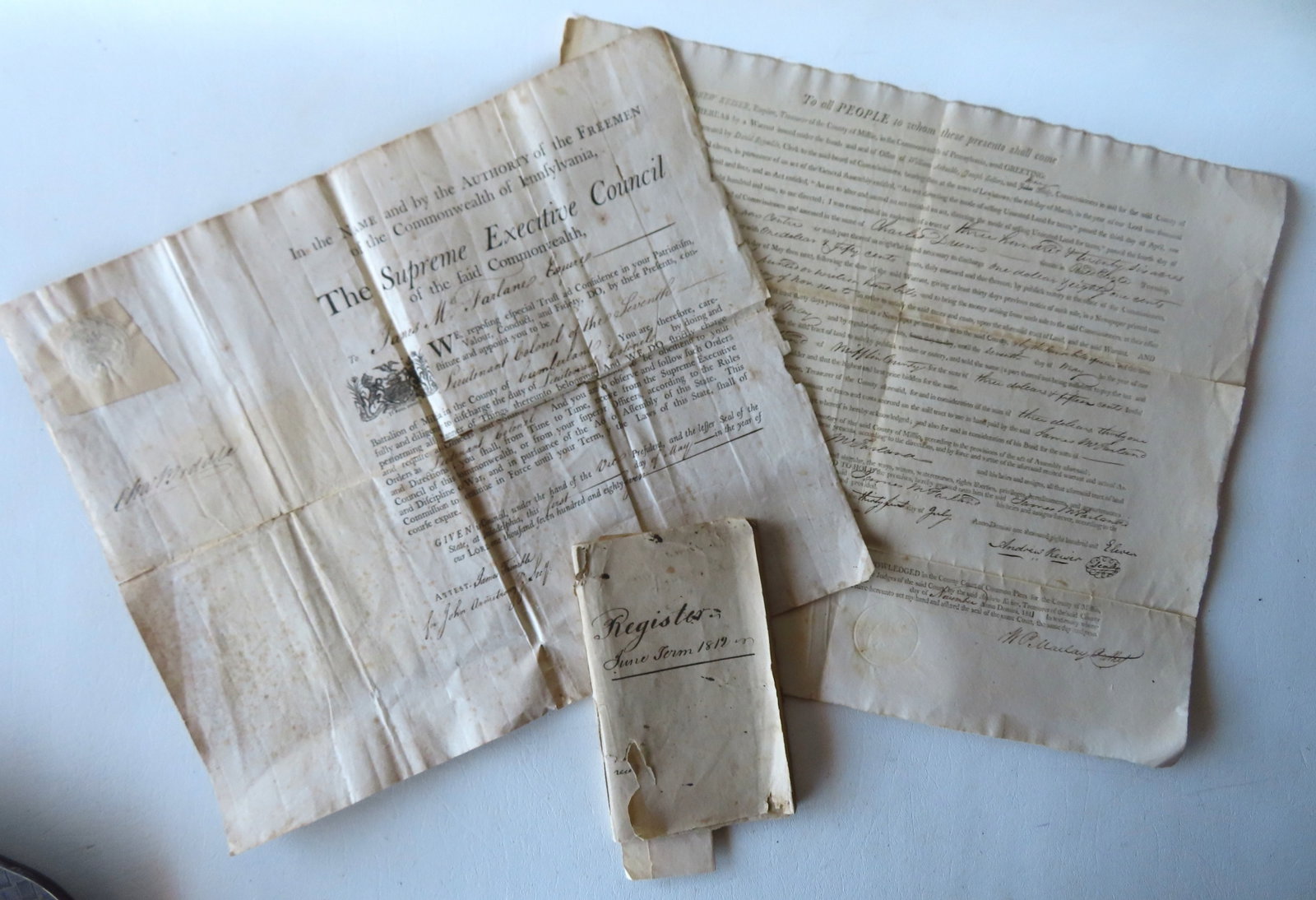 Three early documents/leger: A Pennsylvania 1787 military promotion document for James McFarland: Three early documents/leger: A Pennsylvania 1787 military promotion document for James McFarland Esquire, promoting him to Lieutenant Colonel in the 7th Battalion of the Militia in the County of Cumbe