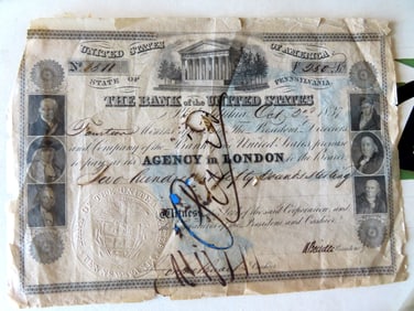 An 1837 Bank of the United States financial (stock) certificate from Philadelphia Pennsylvania