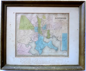 A hand colored map of Baltimore engraved by G.W. Boynton and published by T.G. Bradford in 1838.