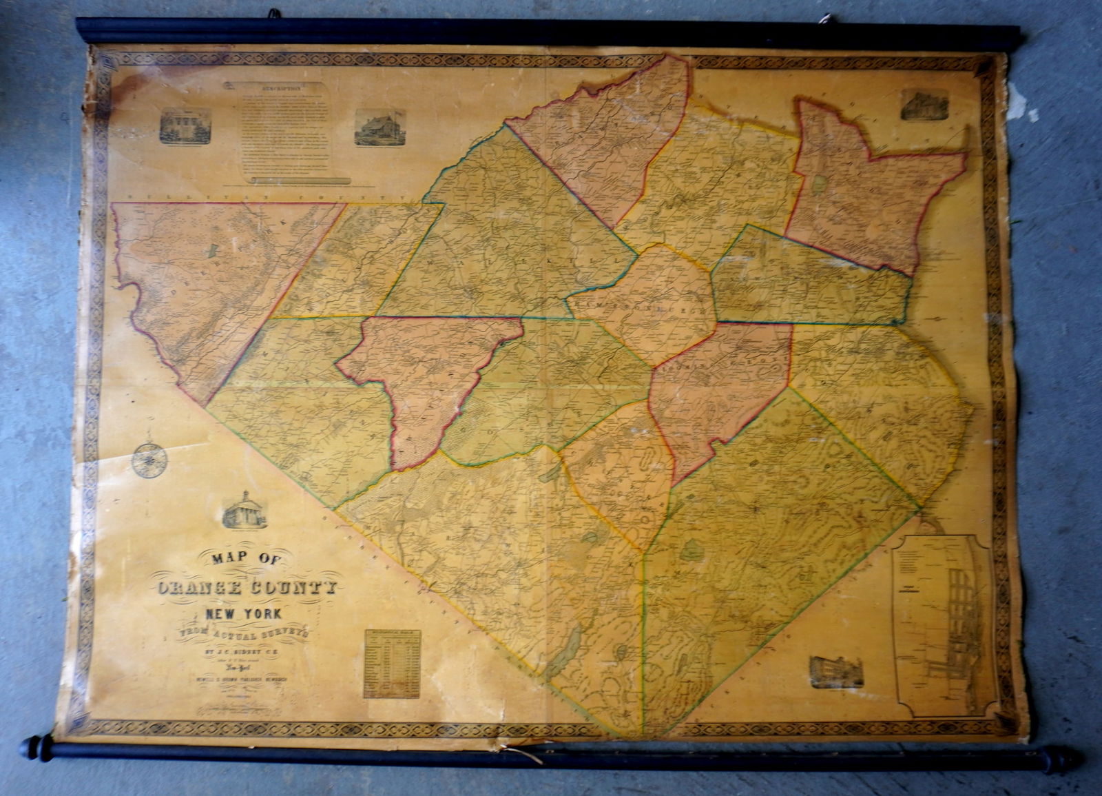 A wall map of Orange County NY, published in 1850, from survey by J.C. Sidney - Newell S. Brown,: A wall map of Orange County NY, published in 1850, from survey by J.C. Sidney - Newell S. Brown, publisher, Newburgh NY - lithograph paper on canvas. Some staining, small tear bottom center at wooden