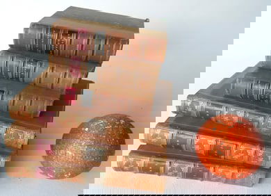 Two sets of 3 leather bound books, 19th century. The smallest, titled "Lui et Elle" by Paul De