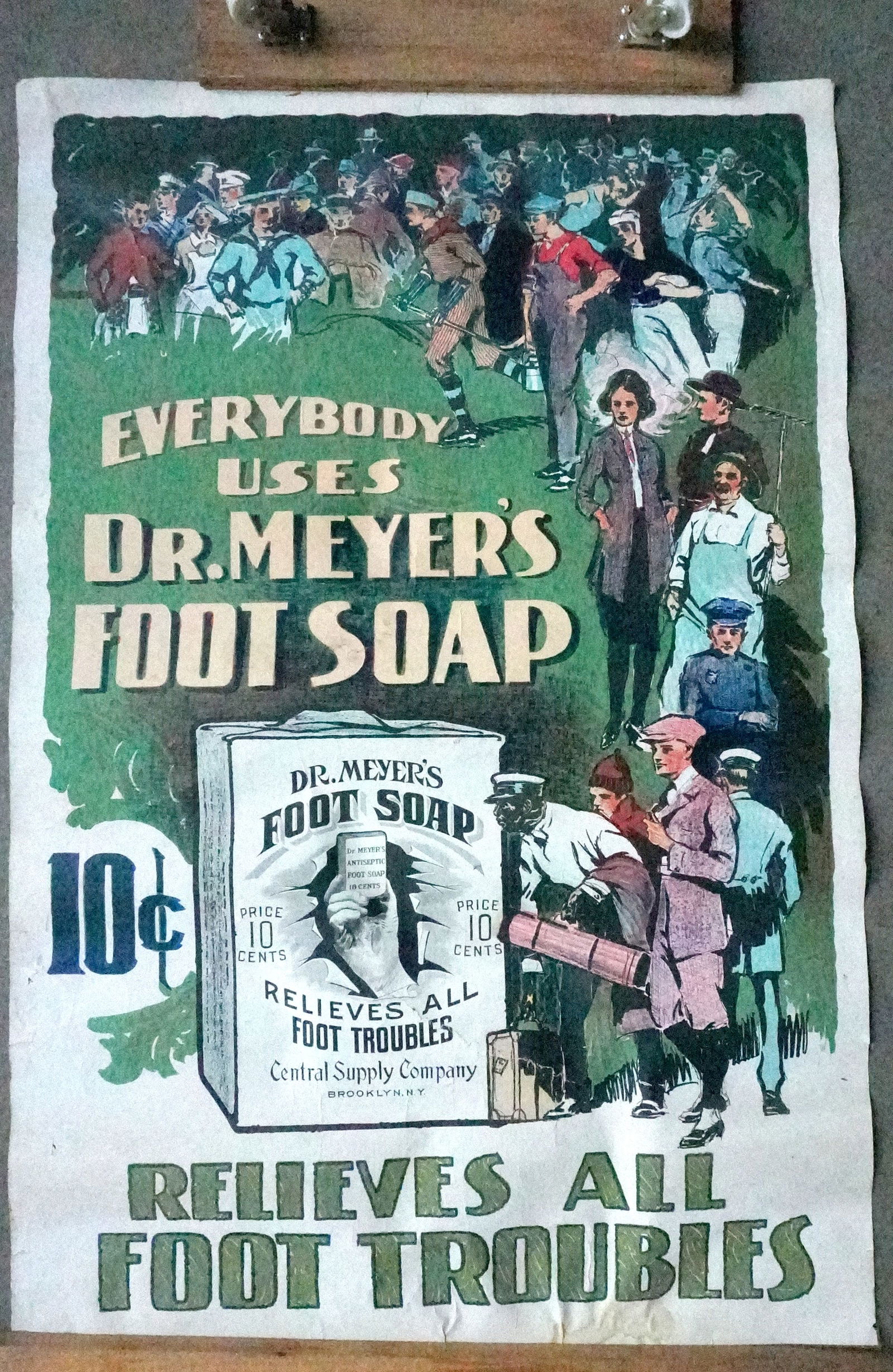 "Dr. Meyer's Foot Soap" colorful advertising lithograph poster, early 20th century. Some tape: "Dr. Meyer's Foot Soap" colorful advertising lithograph poster, early 20th century. Some tape repairs on reverse, else good condition. Measures 25" x 38". Provenance: From the Marni Bakst and William