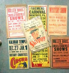 Grouping of 7 vintage Circus, Carnival, Vaudeville, and movie posters. Most in good condition, circa