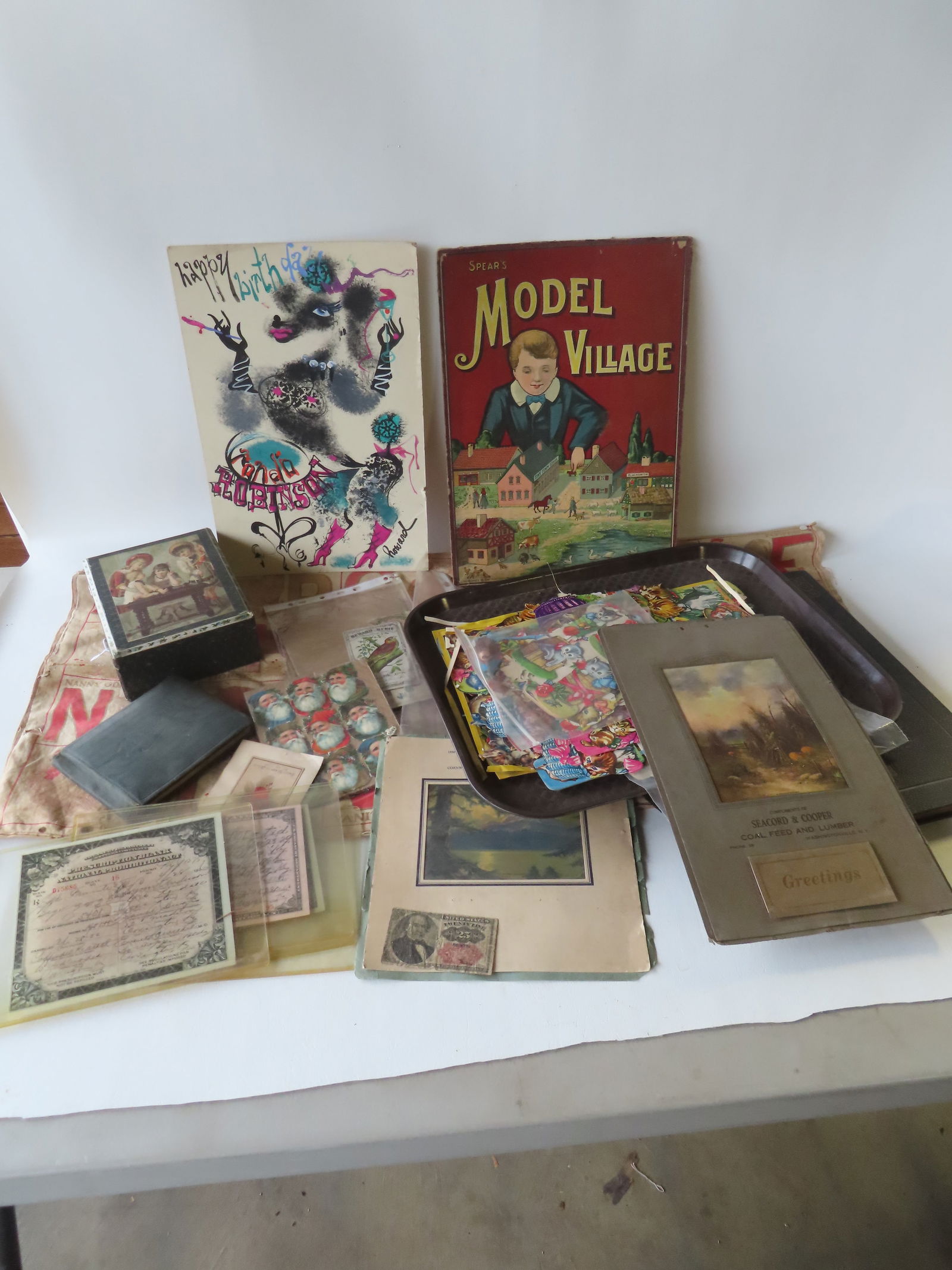 Grouping of vintage paper collectibles including: Teacher's canvas alphabet teaching wall chart,: Grouping of vintage paper collectibles including: Teacher's canvas alphabet teaching wall chart, late 19th century - stains and small holes, needs mending - fair condition - 37" x 17"; advertising box