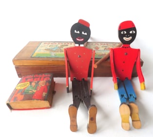 Grouping of 4 vintage toys including: A "NODDING NANCY" party game in original lithograph wooden box