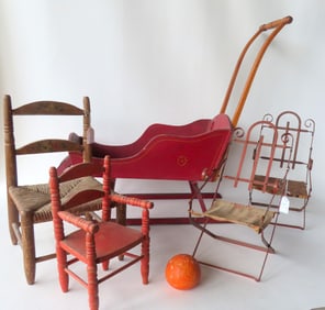 Four 19th century doll-size chairs in original paint, plus a stenciled doll's push sled. Two