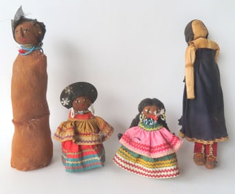 Four Seminole Indian Dolls, 3 palmetto dolls and 1 of corn husk doll. Two of the larger dolls with